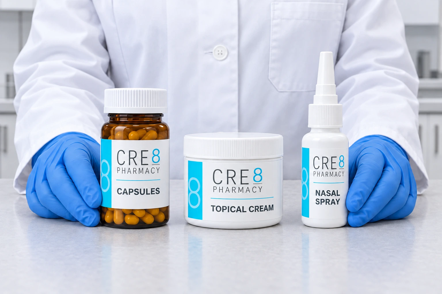 Pharmacist presenting labeled capsule, topical cream, and nasal spray containers