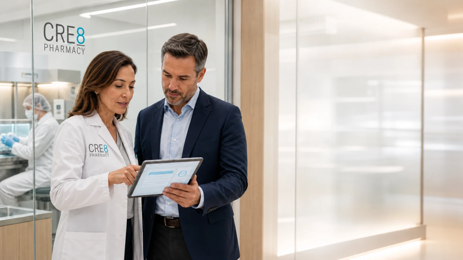 Illustration of a CRE8 pharmacist and practice representative reviewing information together