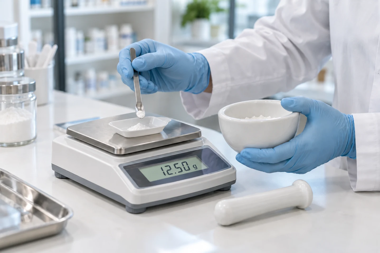 Gloved pharmacist weighing ingredients for a compounded preparation