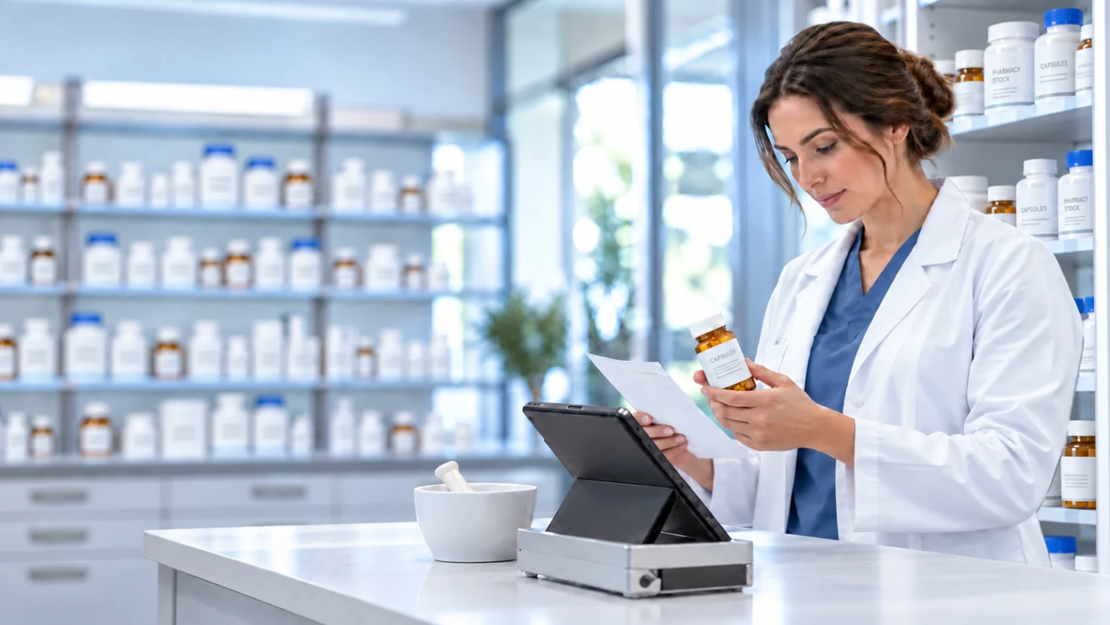 Pharmacist reviewing a prescription and a capsule bottle in a stocked pharmacy