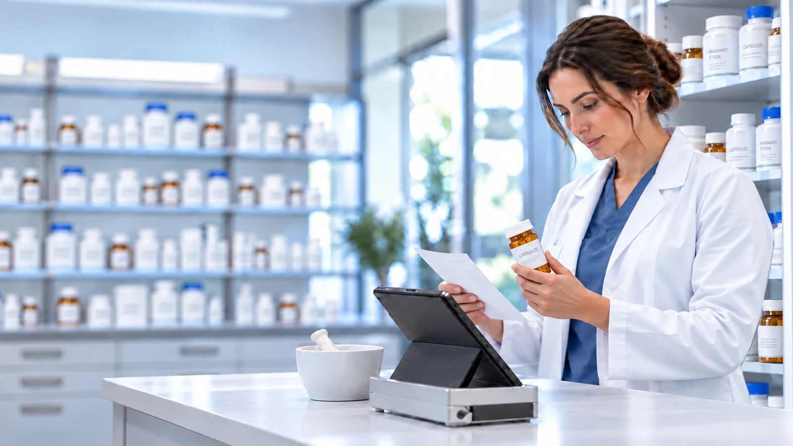 Pharmacist reviewing a prescription and a capsule bottle in a stocked pharmacy