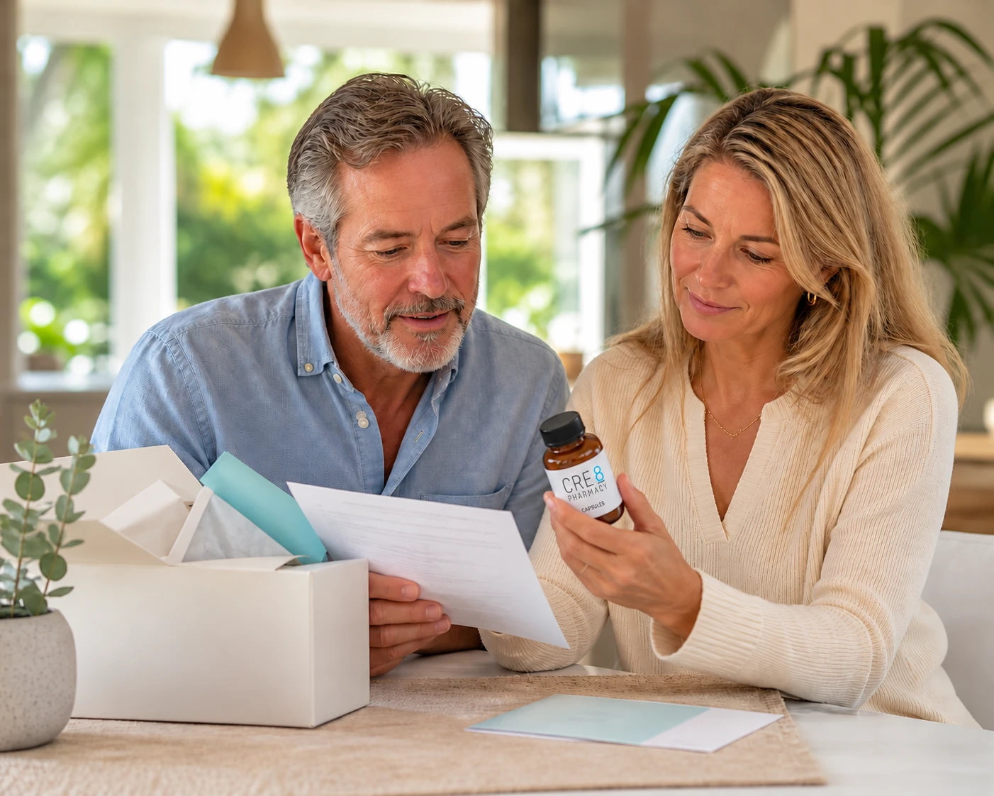 Patient and caregiver reviewing a newly delivered compounded preparation