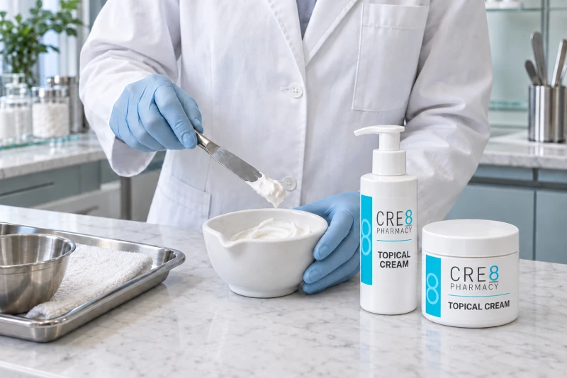 Topical cream preparation beside CRE8-labeled cream packaging
