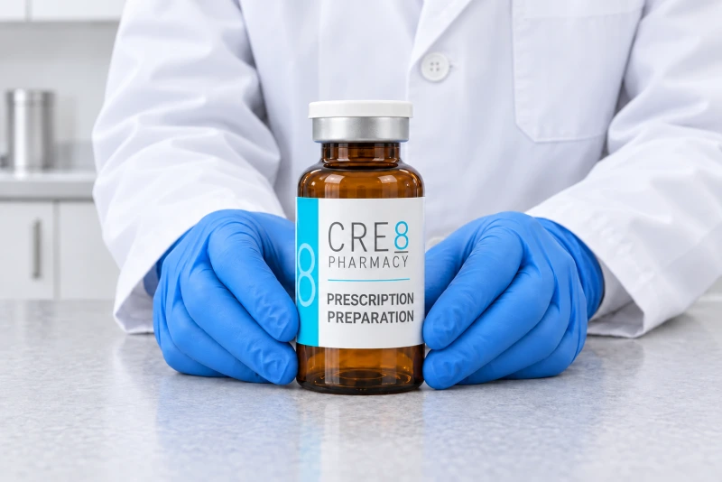 Gloved hands holding a clearly labeled CRE8 prescription preparation vial