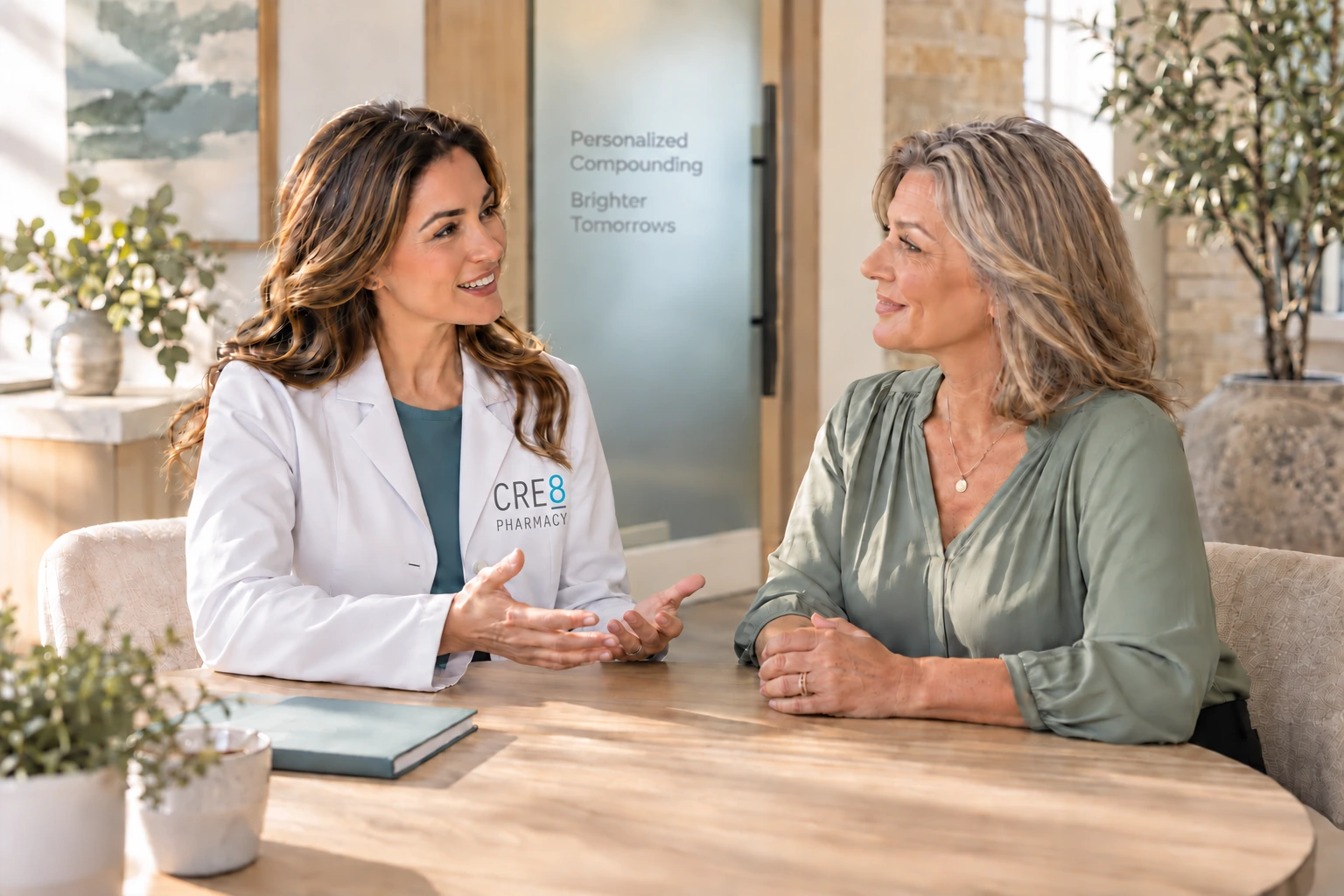 Illustrative conversation between a pharmacist and a patient in a welcoming consultation space