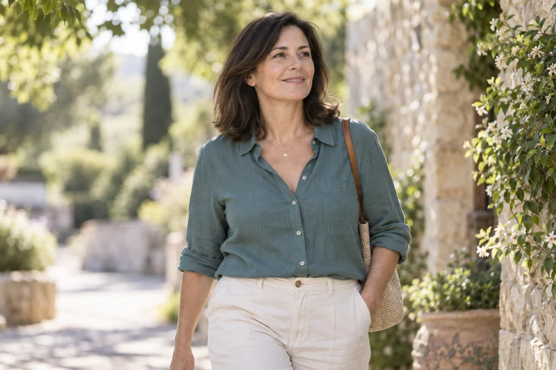 Illustrative lifestyle photograph of an adult woman walking in a sunlit garden