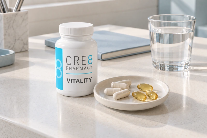 CRE8 Vitality illustrative bottle, capsules and softgels in warm daylight